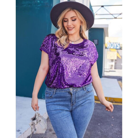 Women's Plus Size Sequin Top Short Sleeve Sparkle Glitter Crew Neck - Picture 2 of 4